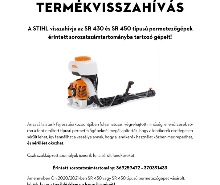 STHIL TERMÉKVISSZAHÍVÁS